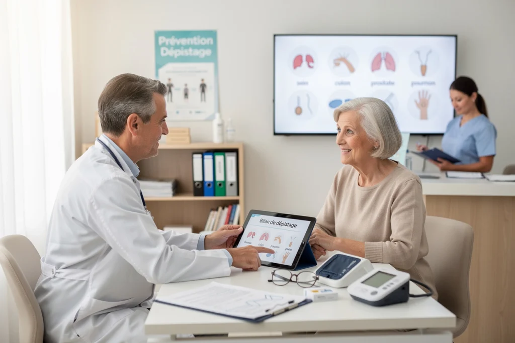 Un médecin discute avec sa patiente. Une secrétaire médicale est en arrière plan
