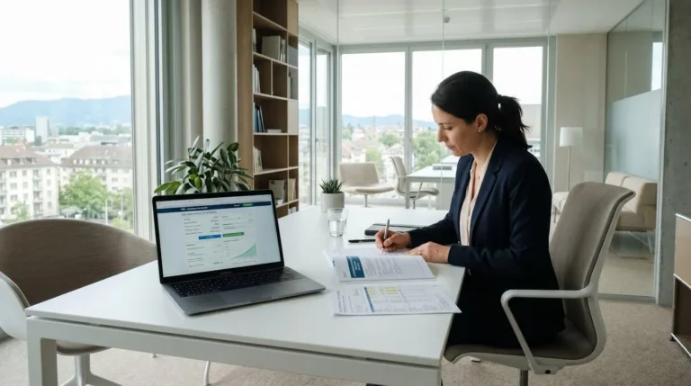 Bureau de conseiller financier moderne avec ordinateur affichant interface simulateur PER, documents de planification retraite sur le bureau