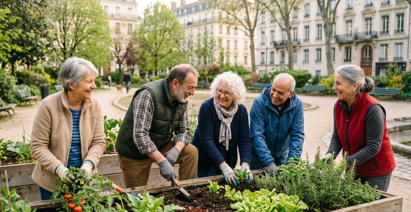 Groupe de seniors français pratiquant la marche nordique ensemble dans un parc urbain, sourires et conversations naturelles, arrière-plan architecture urbaine française