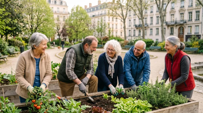 Groupe de seniors français pratiquant la marche nordique ensemble dans un parc urbain, sourires et conversations naturelles, arrière-plan architecture urbaine française