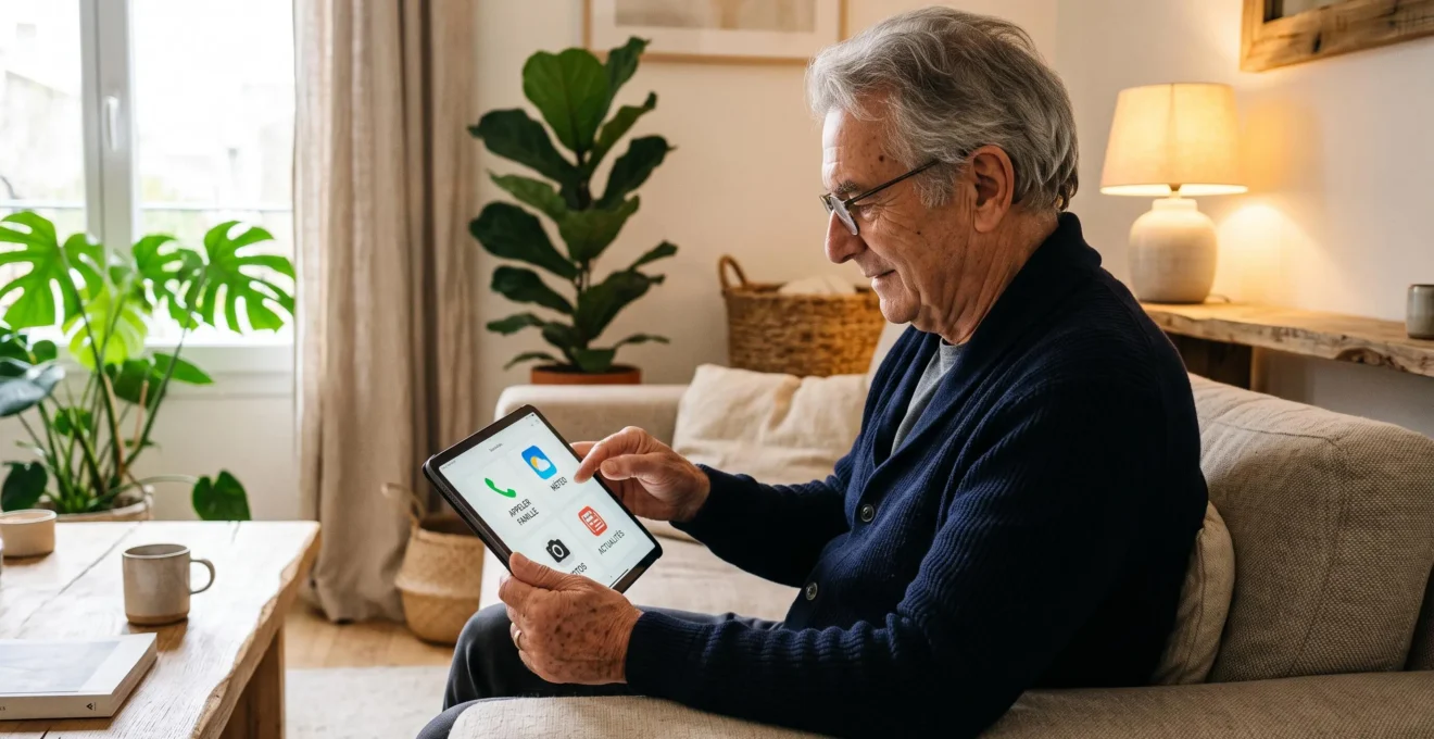 Senior français utilisant une tablette tactile avec interface simplifiée en français dans son salon lumineux adapté